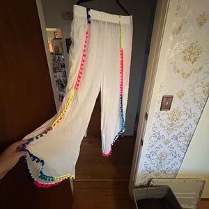 Colorful Pom-Pom Trim White split side Pants